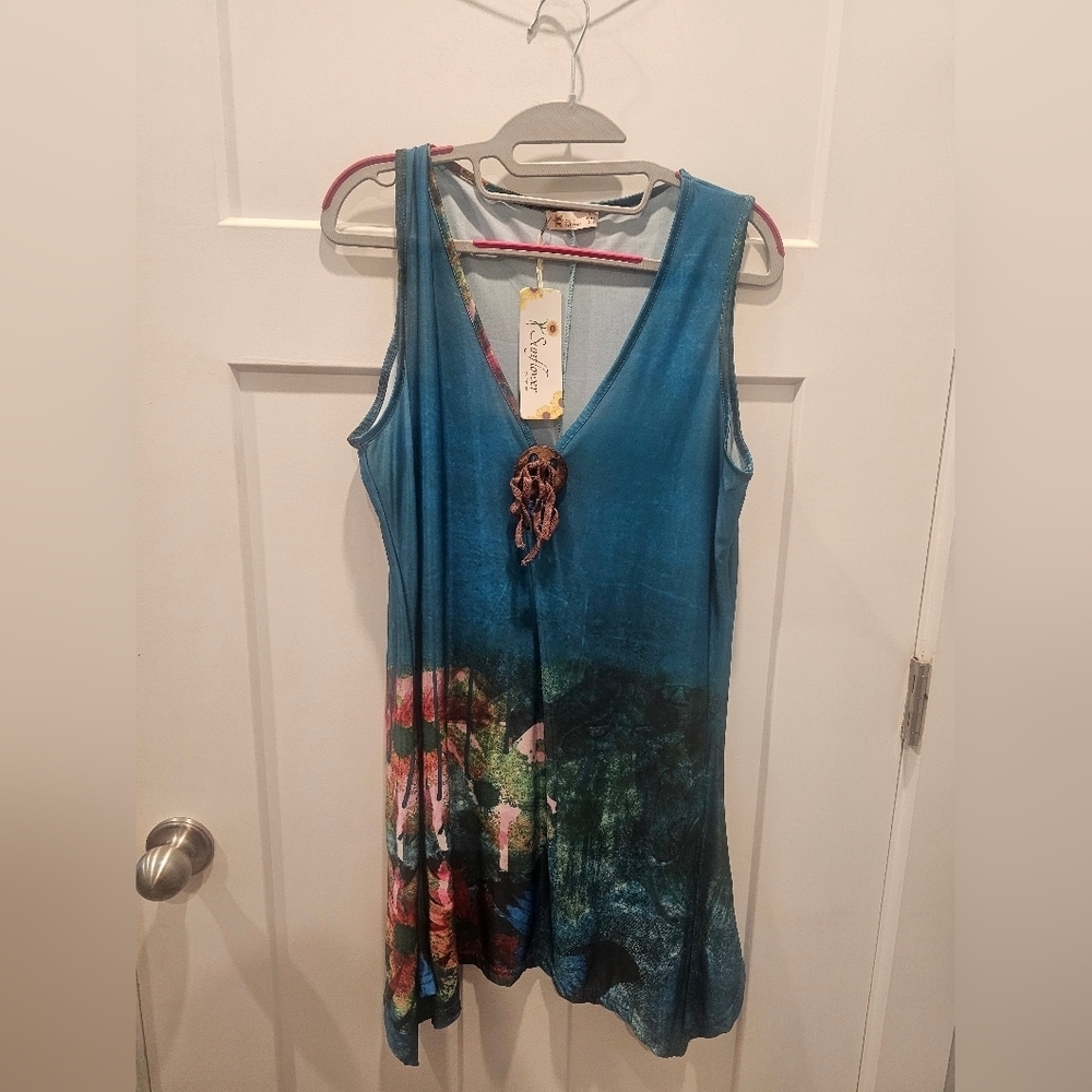 NWT Sunflower by Firmiana Blue Floral Boho Sleeveless Dress L – Soft Stretch Kni